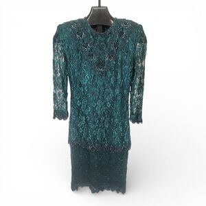 EVC Brilliante by J.A. Dark Green Lace and Sequin 3/4 Sleeve Length Midi Dress